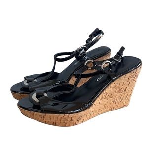 Franco Sarto Black Patent Leather Wedge Sandals